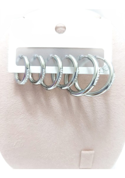 Çelik Küpe 3'lü Zirkon Taşlı Yuvarlak Halka Model Küpe 2 mm Kalınlık Gümüş Silver