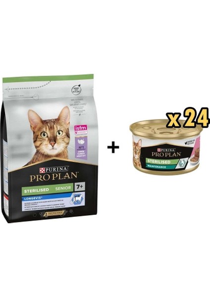 Hindili Kısırlaştırılmış +7 Yaşlı Kedi Maması 3 kg + 24 Adet Proplan Sterilised Ton ve Somonlu Kısırlaştırılmış Kedi Konservesi 85 gr