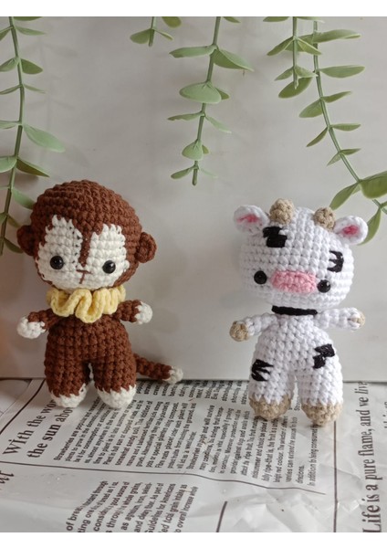 Amigurumi Organik Örgü Hayvan Oyuncak Uyku Arkadaşı ( Maymun, Inek)