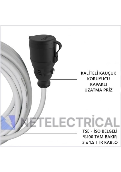 Kauçuk Tekli Seyyar Uzatma Kablosu - 3x1.5 Ttr Kablo Beyaz - 1 Metre