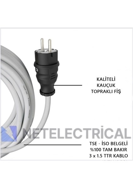Kauçuk Tekli Seyyar Uzatma Kablosu - 3x1.5 Ttr Kablo Beyaz - 1 Metre