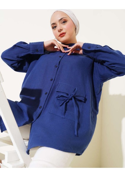 Oversize Müslin Kumaş Gömlek Bağcık Detaylı