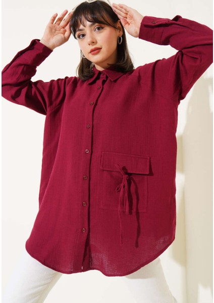 Oversize Müslin Kumaş Gömlek Bağcık Detaylı