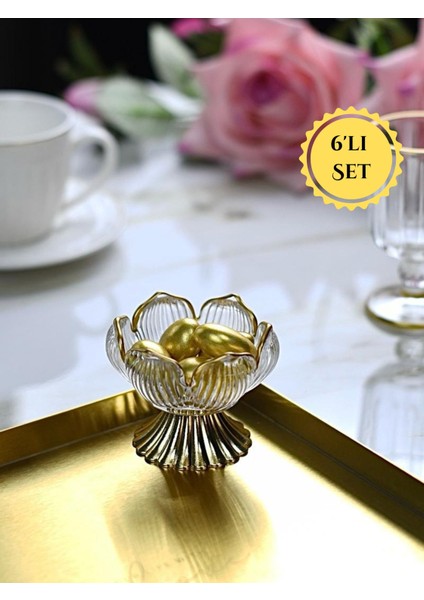 Gold Detaylı Metal Ayaklı Lotus Çiçeği Kahve Yanı Cam Drajelik Lokumluk Seti – 6 Adet