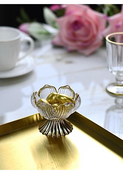 Gold Detaylı Metal Ayaklı Lotus Çiçeği Kahve Yanı Cam Drajelik Lokumluk Seti – 6 Adet