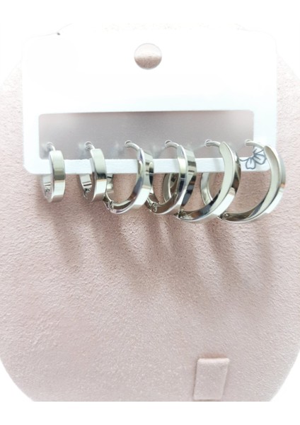 Çelik Küpe 3'lü Sade Köşeli Halka Model Küpe 2 mm Kalınlık Gümüş Silver