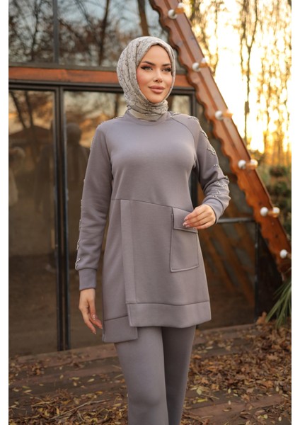 Taş Detaylı Tek Cepli O Yaka Ikili Tesettür Eşofman Takımı - 71233.006 - Indigo