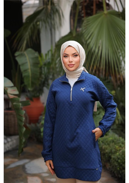 Kısa Fermuarlı Yaka Kapitone Şık Spor Sweat - (38-46) - 71227 - İndigo