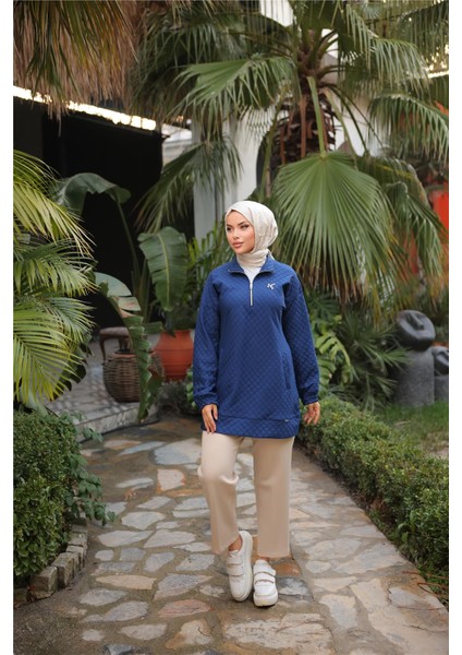 Kısa Fermuarlı Yaka Kapitone Şık Spor Sweat - (38-46) - 71227 - İndigo