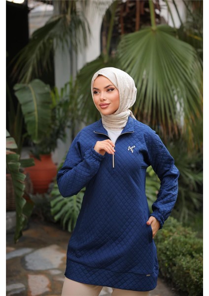 Kısa Fermuarlı Yaka Kapitone Şık Spor Sweat - (38-46) - 71227 - İndigo
