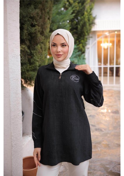 Yarım Fermuarlı Yaka Logo Baskılı Tunik - 71245.003 - Siyah