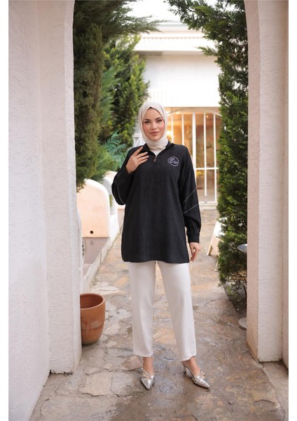 Yarım Fermuarlı Yaka Logo Baskılı Tunik - 71245.003 - Siyah modelleri