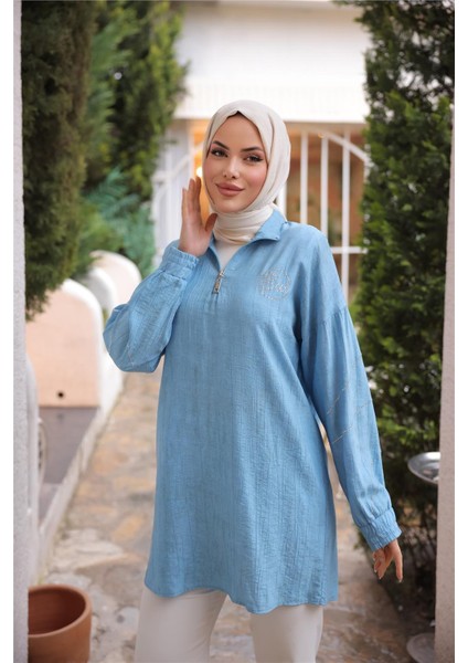 Yarım Fermuarlı Yaka Logo Baskılı Tunik - 71245.010 - Turkuaz