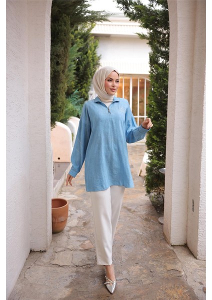 Yarım Fermuarlı Yaka Logo Baskılı Tunik - 71245.010 - Turkuaz fiyatları