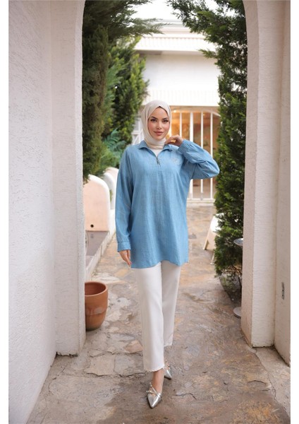 Yarım Fermuarlı Yaka Logo Baskılı Tunik - 71245.010 - Turkuaz modelleri