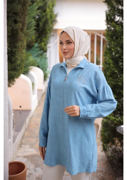 Yarım Fermuarlı Yaka Logo Baskılı Tunik - 71245.010 - Turkuaz indirimleri