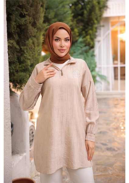 Yarım Fermuarlı Yaka Logo Baskılı Tunik - 71245.026 - Bej