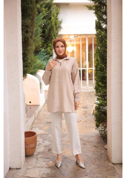 Yarım Fermuarlı Yaka Logo Baskılı Tunik - 71245.026 - Bej fiyatları