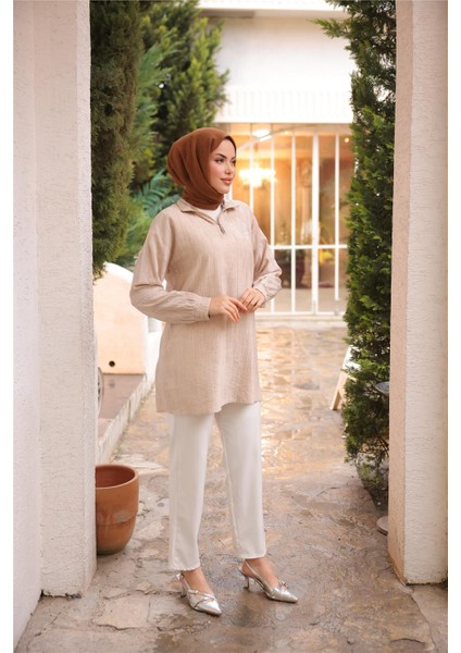 Yarım Fermuarlı Yaka Logo Baskılı Tunik - 71245.026 - Bej fırsatları