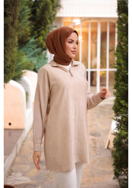 Yarım Fermuarlı Yaka Logo Baskılı Tunik - 71245.026 - Bej indirimleri