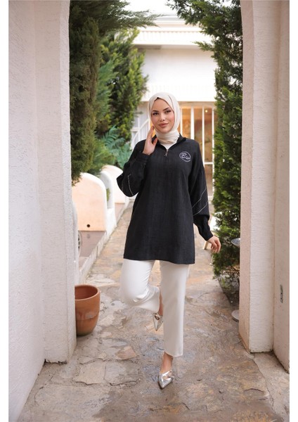 Yarım Fermuarlı Yaka Logo Baskılı Tunik - 71245.003 - Siyah fırsatları