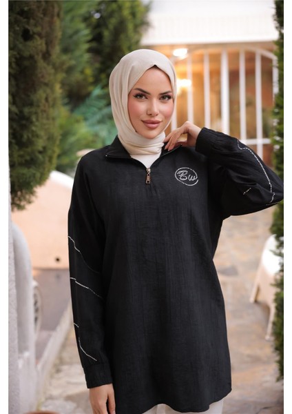 Yarım Fermuarlı Yaka Logo Baskılı Tunik - 71245.003 - Siyah indirimleri