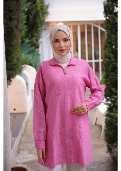 Yarım Fermuarlı Yaka Logo Baskılı Tunik - 71245.025 - Fuşya