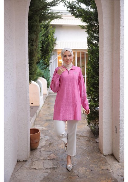 Yarım Fermuarlı Yaka Logo Baskılı Tunik - 71245.025 - Fuşya modelleri