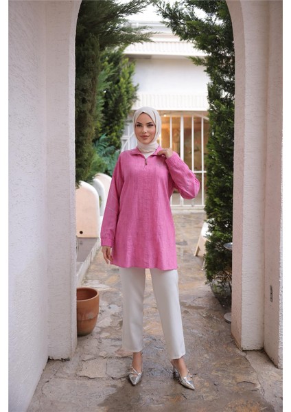 Yarım Fermuarlı Yaka Logo Baskılı Tunik - 71245.025 - Fuşya fırsatları