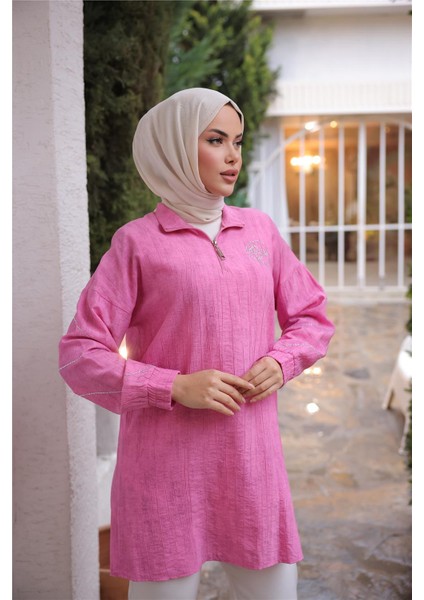 Yarım Fermuarlı Yaka Logo Baskılı Tunik - 71245.025 - Fuşya indirimleri