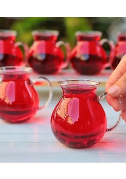 6 Parça Çay Bardağı Seti - Tombul Kulplu Çay Bardağı Borosilikat Cam Çay Bardağı