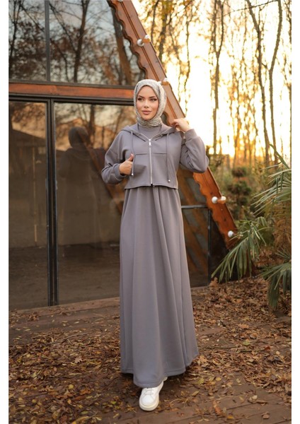 Kaponlu Fermuarlı Kısa Yelek - Elbise Takımı - (38-46) - 71236 - Füme