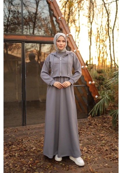 Kaponlu Fermuarlı Kısa Yelek - Elbise Takımı - (38-46) - 71236 - Füme fiyatları