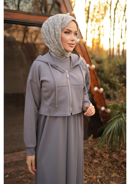 Kaponlu Fermuarlı Kısa Yelek - Elbise Takımı - (38-46) - 71236 - Füme modelleri