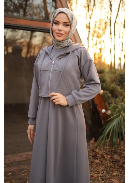 Kaponlu Fermuarlı Kısa Yelek - Elbise Takımı - (38-46) - 71236 - Füme fırsatları