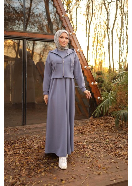 Kaponlu Fermuarlı Kısa Yelek - Elbise Takımı - (38-46) - 71236 - İndigo