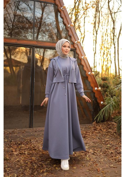 Kaponlu Fermuarlı Kısa Yelek - Elbise Takımı - (38-46) - 71236 - İndigo fiyatları