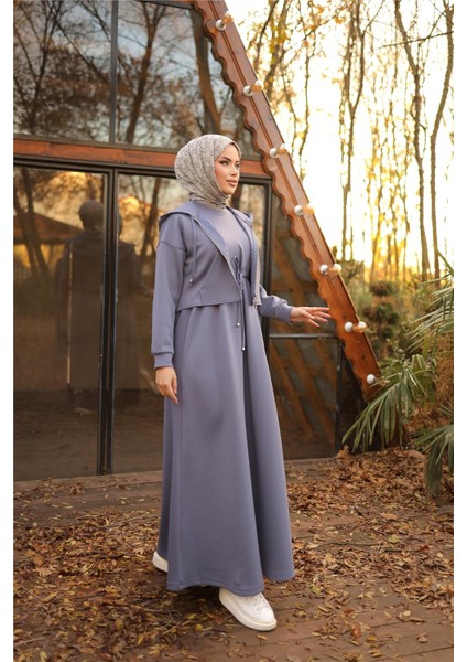 Kaponlu Fermuarlı Kısa Yelek - Elbise Takımı - (38-46) - 71236 - İndigo modelleri