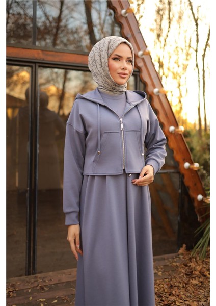 Kaponlu Fermuarlı Kısa Yelek - Elbise Takımı - (38-46) - 71236 - İndigo indirimleri