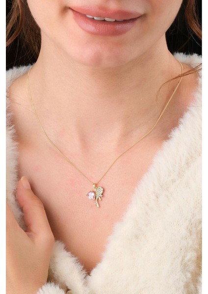 Kadın Kolye Kalpli Pembe Taşlı Gold Renk Hediye- Tarz Kombin Taşlı Kolye