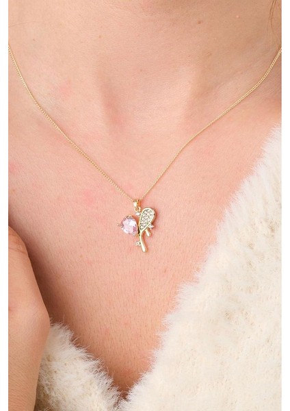 Kadın Kolye Kalpli Pembe Taşlı Gold Renk Hediye- Tarz Kombin Taşlı Kolye fiyatları