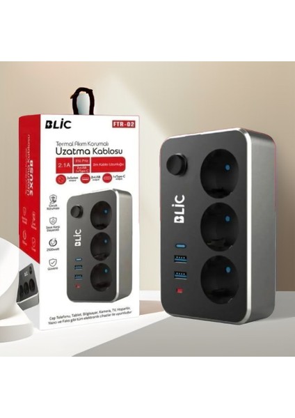 Çoklayıcı 3'lü Priz 2 Metre Kablo Anahtarlı Termal Akım Korumalı 2xUsb 1xType-C Çoklu Priz fiyatları