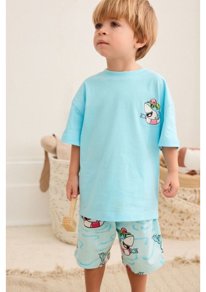 Yeni Sezon Erkek Çocuk Pamuklu Mavi Renk Köpek Balığı Baskılı Alt-Üst Şortlu 2'li Takım