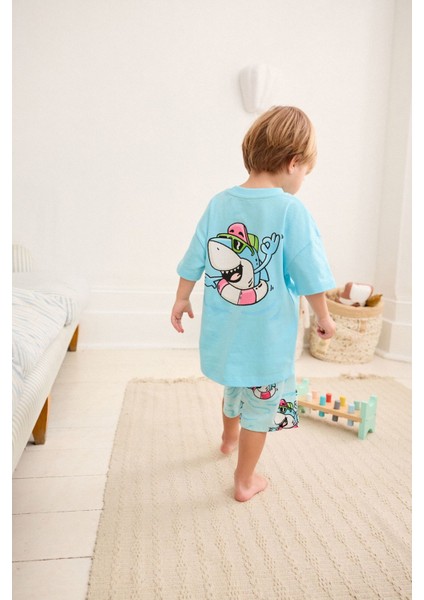 Yeni Sezon Erkek Çocuk Pamuklu Mavi Renk Köpek Balığı Baskılı Alt-Üst Şortlu 2'li Takım fiyatları