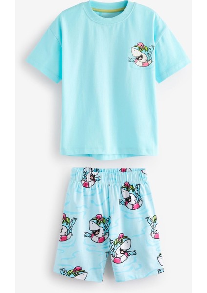 Yeni Sezon Erkek Çocuk Pamuklu Mavi Renk Köpek Balığı Baskılı Alt-Üst Şortlu 2'li Takım modelleri