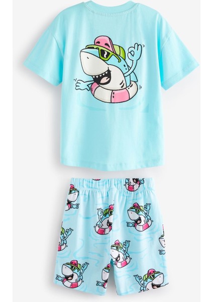 Yeni Sezon Erkek Çocuk Pamuklu Mavi Renk Köpek Balığı Baskılı Alt-Üst Şortlu 2'li Takım fırsatları