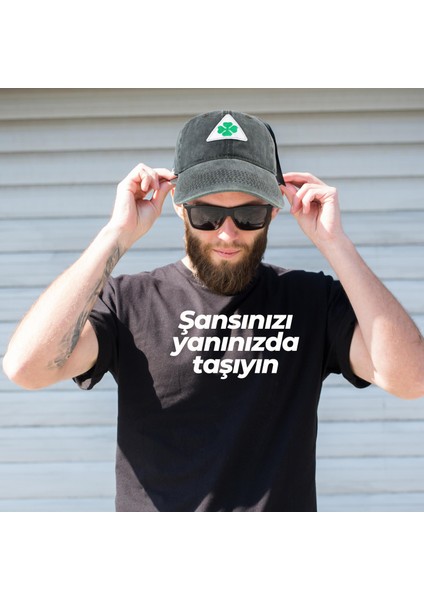 Vintage Yıkamalı Pamuk Şapka Dört Yapraklı Yonca Nakışlı Yeşil