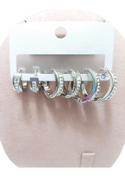 Çelik Küpe 3'lü Zirkon Taşlı Köşeli Halka Model Küpe 4 mm Kalınlık Gümüş Silver