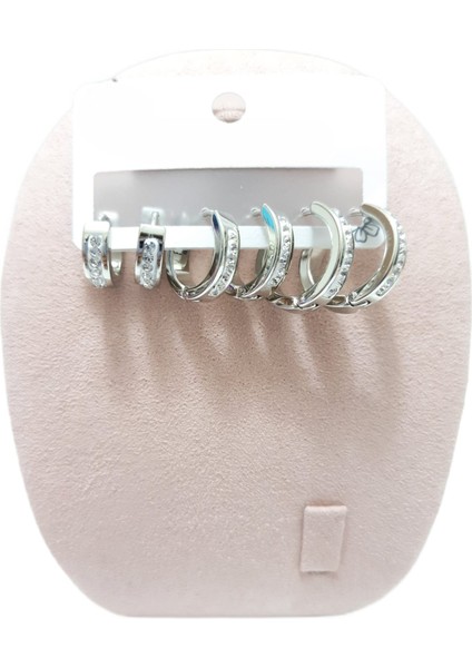 Çelik Küpe 3'lü Zirkon Taşlı Köşeli Halka Model Küpe 4 mm Kalınlık Gümüş Silver fiyatları