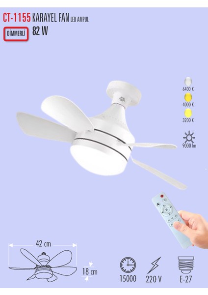 CT-1155 Karayel Fan ve LED Ampul Dimmerli 82 W